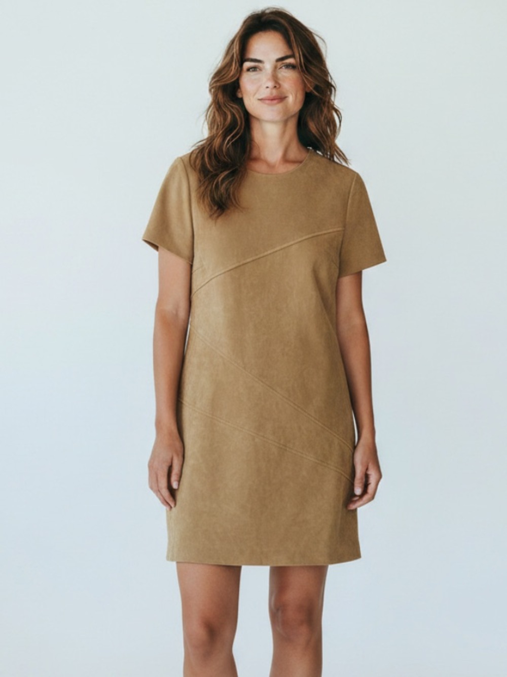Vintage Worthington Camel Suede like Shift Dress with Diagonal Seams